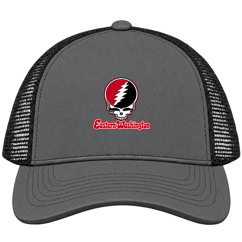 Eastern Washington Stealie Premium Unisex Trucker Cap — Design: Eastern Washington University — Charcoal/Black
