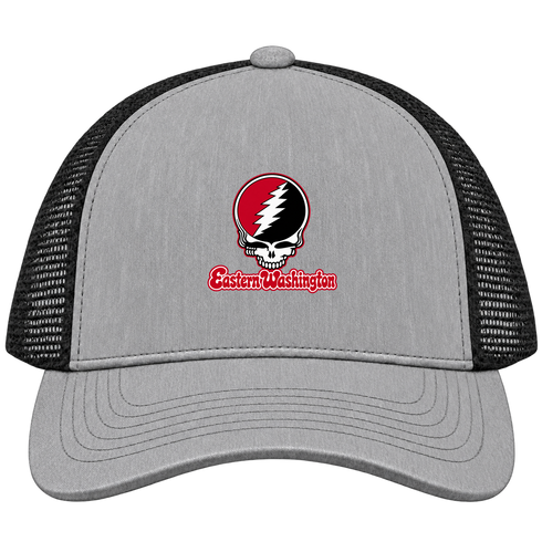 Eastern Washington Stealie Premium Unisex Trucker Cap — Design: Eastern Washington University — Heather Grey/Black