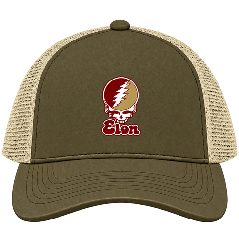 Elon Stealie Premium Unisex Trucker Cap — Design: Elon University — Moss/Khaki
