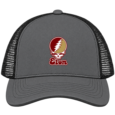 Elon Stealie Premium Unisex Trucker Cap — Design: Elon University — Charcoal/Black