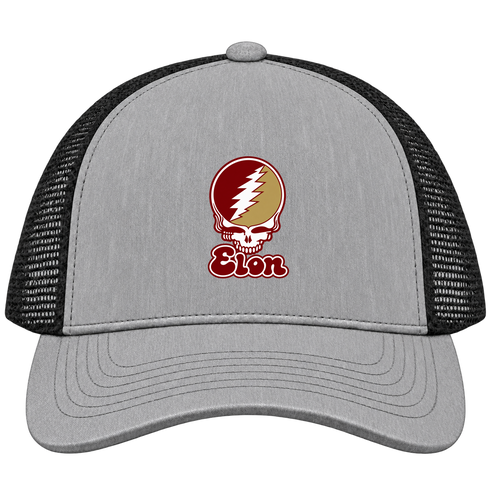 Elon Stealie Premium Unisex Trucker Cap — Design: Elon University — Heather Grey/Black
