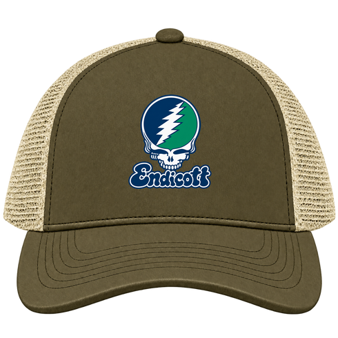Endicott Stealie Premium Unisex Trucker Cap — Design: Endicott College — Moss/Khaki