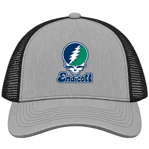 Endicott Stealie Premium Unisex Trucker Cap — Design: Endicott College — Heather Grey/Black