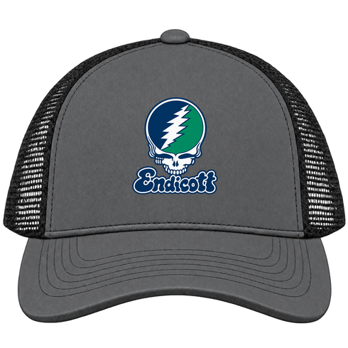 Endicott Stealie Premium Unisex Trucker Cap — Design: Endicott College — Charcoal/Black