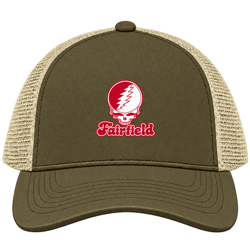 Fairfield Stealie Premium Unisex Trucker Cap — Design: Fairfield University — Moss/Khaki