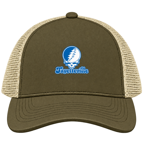 Fayetteville Stealie Premium Unisex Trucker Cap — Design: Fayetteville State University — Moss/Khaki