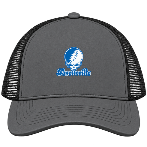 Fayetteville Stealie Premium Unisex Trucker Cap — Design: Fayetteville State University — Charcoal/Black