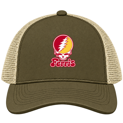 Ferris State Stealie Premium Unisex Trucker Cap — Design: Ferris State University — Moss/Khaki