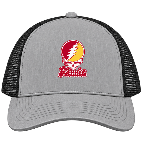 Ferris State Stealie Premium Unisex Trucker Cap — Design: Ferris State University — Heather Grey/Black