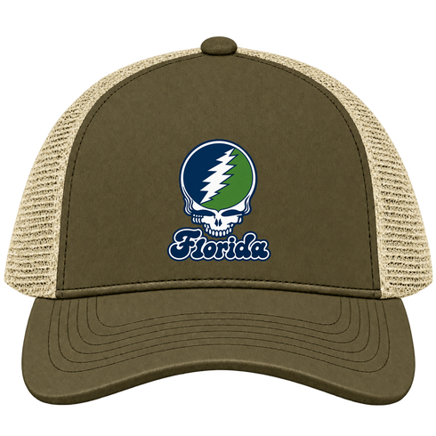 Florida Stealie Premium Unisex Trucker Cap — Design: State College of Florida — Moss/Khaki
