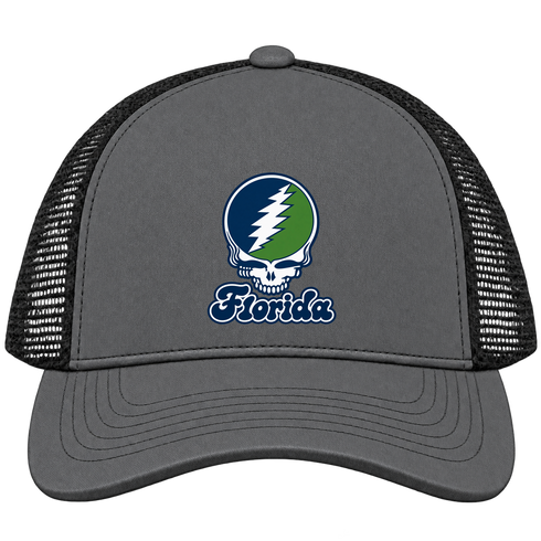 Florida Stealie Premium Unisex Trucker Cap — Design: State College of Florida — Charcoal/Black