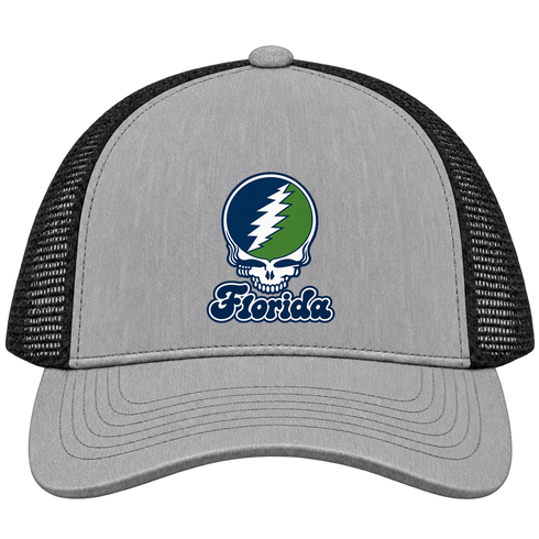 Florida Stealie Premium Unisex Trucker Cap — Design: State College of Florida — Heather Grey/Black