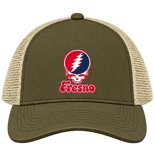 Fresno Stealie Premium Unisex Trucker Cap — Design: Fresno State — Moss/Khaki