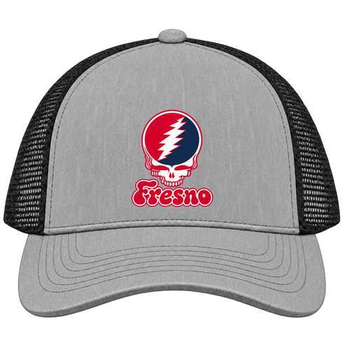 Fresno Stealie Premium Unisex Trucker Cap — Design: Fresno State — Heather Grey/Black