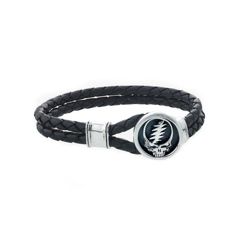 Grateful Dead - Steal Your Face Sterling Silver Leather Bracelet - StealieShop