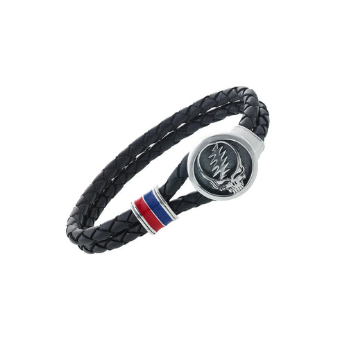 Grateful Dead - Steal Your Face Sterling Silver, Blue and Red Enamel & Leather Bracelet - StealieShop