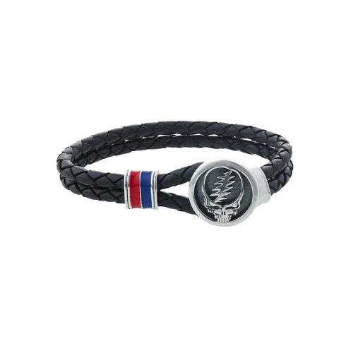 Grateful Dead - Steal Your Face Sterling Silver, Blue and Red Enamel & Leather Bracelet - StealieShop