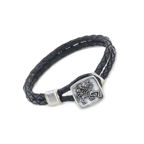 Grateful Dead - Dancing Skeletons Sterling Silver Leather Bracelet - StealieShop