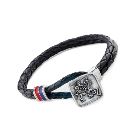 Grateful Dead - Dancing Skeletons Sterling Silver, Blue and Red Enamel & Leather Bracelet - StealieShop