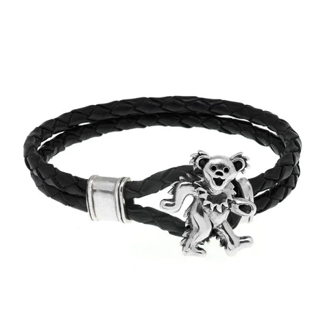Grateful Dead - Dancing Bear Sterling Silver Leather Bracelet - StealieShop