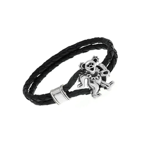 Grateful Dead - Dancing Bear Sterling Silver Leather Bracelet - StealieShop