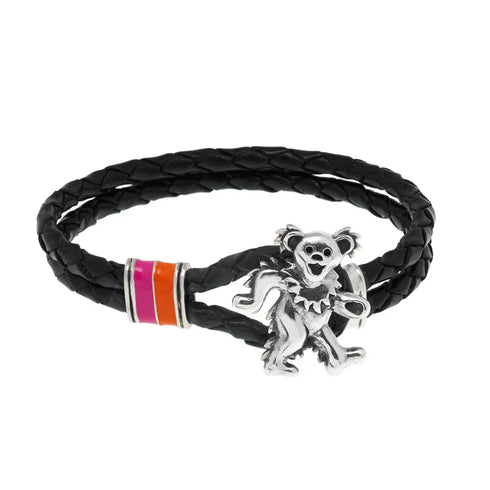 Grateful Dead - Dancing Bear Sterling Silver, Orange and Pink Enamel & Leather Bracelet - StealieShop