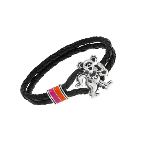 Grateful Dead - Dancing Bear Sterling Silver, Orange and Pink Enamel & Leather Bracelet - StealieShop