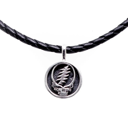 Grateful Dead - Steal Your Face Sterling Silver Charm Woven Leather Necklace - StealieShop