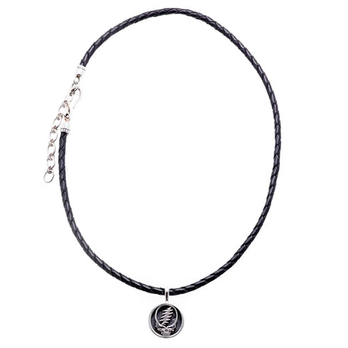 Grateful Dead - Steal Your Face Sterling Silver Charm Woven Leather Necklace - StealieShop