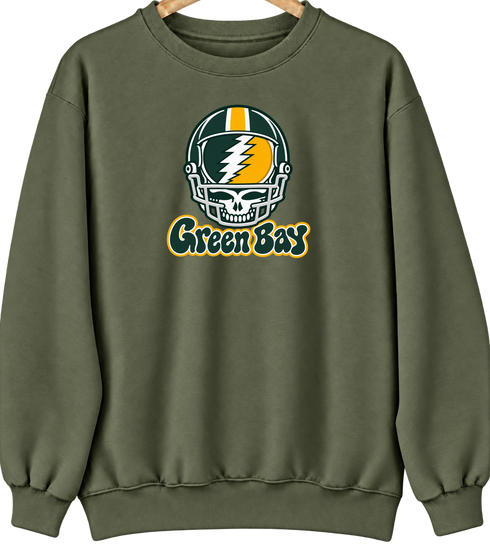 Green Bay Helmet Stealie Premium Unisex Crewneck — Green Bay Packers — Military Green