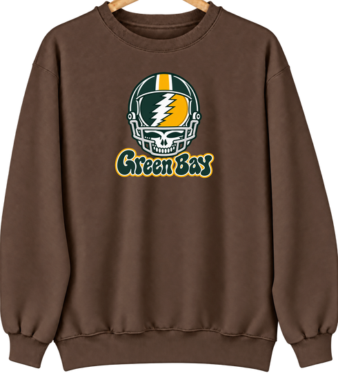 Green Bay Helmet Stealie Premium Unisex Crewneck — Green Bay Packers — Brown