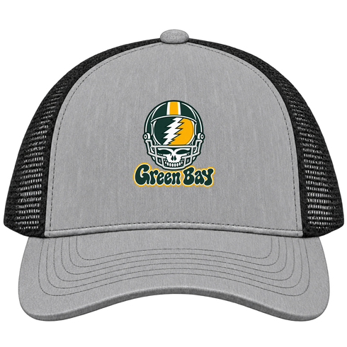 Green Bay Helmet Stealie Premium Unisex Trucker Cap — Green Bay Packers — Heather Grey/Black