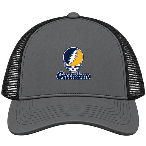 Greensboro Stealie Premium Unisex Trucker Cap — Design: North Carolina University of Greensboro — Charcoal/Black