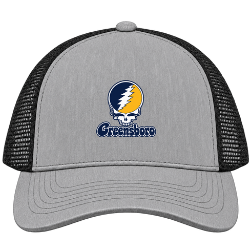Greensboro Stealie Premium Unisex Trucker Cap — Design: North Carolina University of Greensboro — Heather Grey/Black