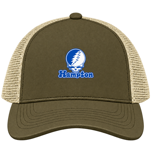 Hampton Stealie Premium Unisex Trucker Cap — Design: Hampton University — Moss/Khaki