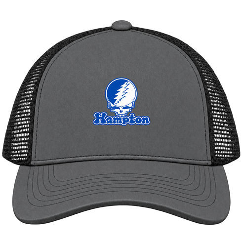 Hampton Stealie Premium Unisex Trucker Cap — Design: Hampton University — Charcoal/Black