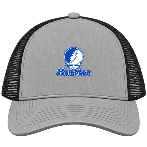 Hampton Stealie Premium Unisex Trucker Cap — Design: Hampton University — Heather Grey/Black