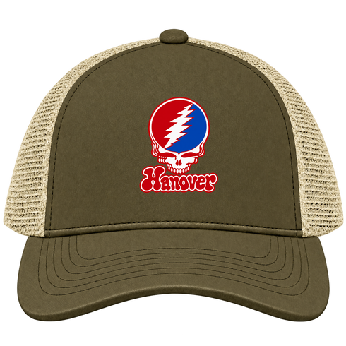 Hanover Stealie Premium Unisex Trucker Cap — Design: Hanover College — Moss/Khaki