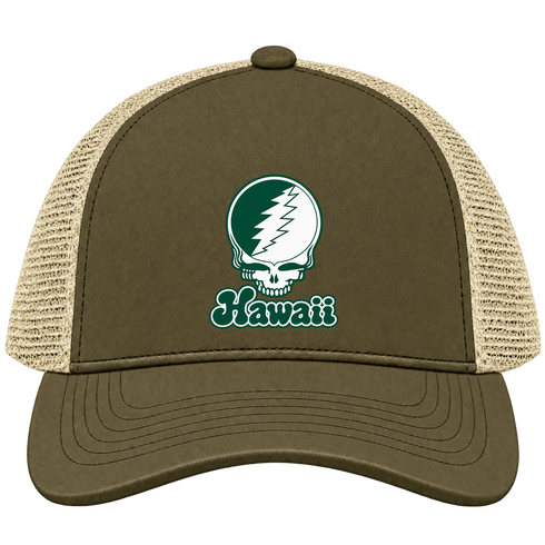 Hawaii Stealie Premium Unisex Trucker Cap — Design: Hawaii University of — Moss/Khaki