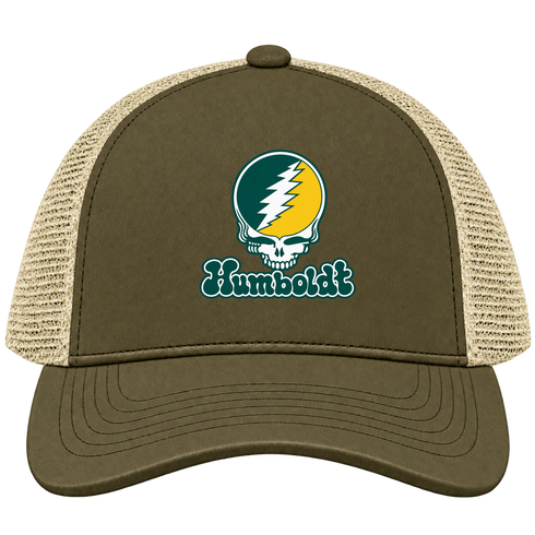 Humboldt Stealie Premium Unisex Trucker Cap — Design: Humboldt State / Cal Poly Humboldt — Moss/Khaki