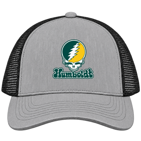 Humboldt Stealie Premium Unisex Trucker Cap — Design: Humboldt State / Cal Poly Humboldt — Heather Grey/Black
