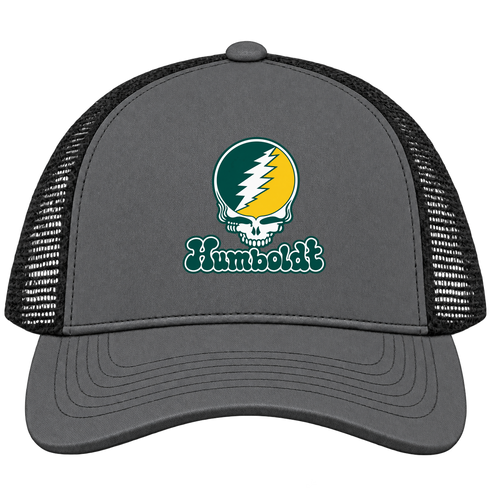 Humboldt Stealie Premium Unisex Trucker Cap — Design: Humboldt State / Cal Poly Humboldt — Charcoal/Black
