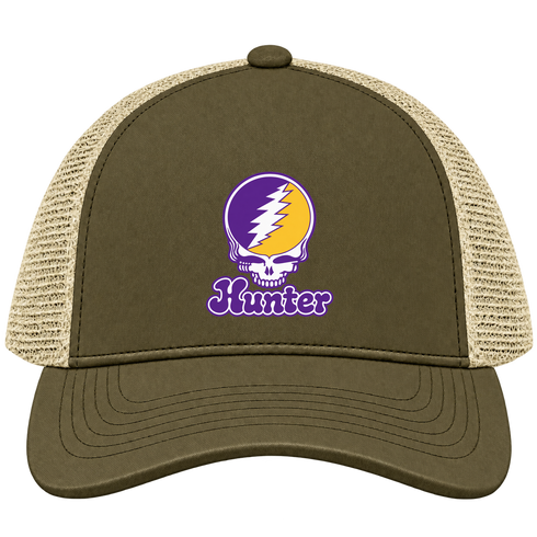Hunter Stealie Premium Unisex Trucker Cap — Design: Hunter College — Moss/Khaki