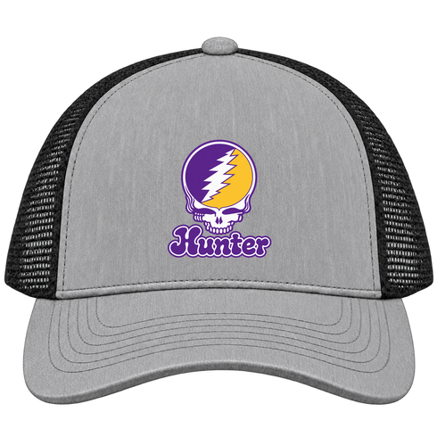 Hunter Stealie Premium Unisex Trucker Cap — Design: Hunter College — Heather Grey/Black