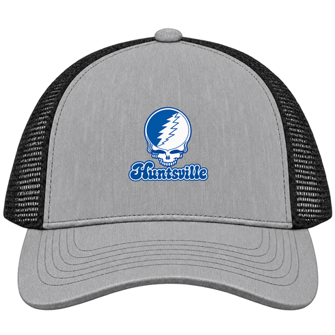 Huntsville Stealie Premium Unisex Trucker Cap — Design: Alabama in Huntsville University of — Heather Grey/Black