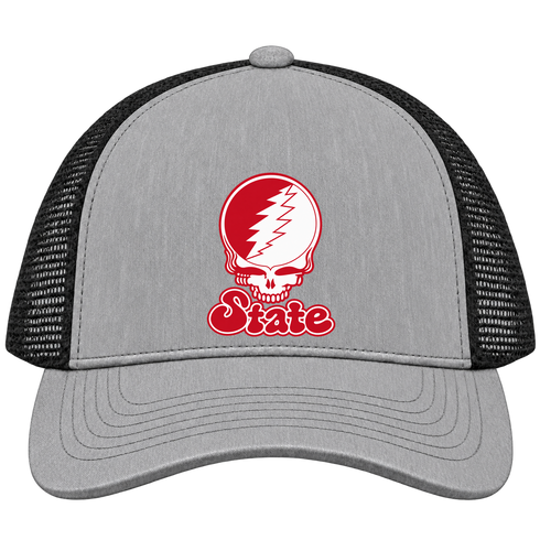 Illinois Stealie Premium Unisex Trucker Cap — Design: Illinois State University — Heather Grey/Black