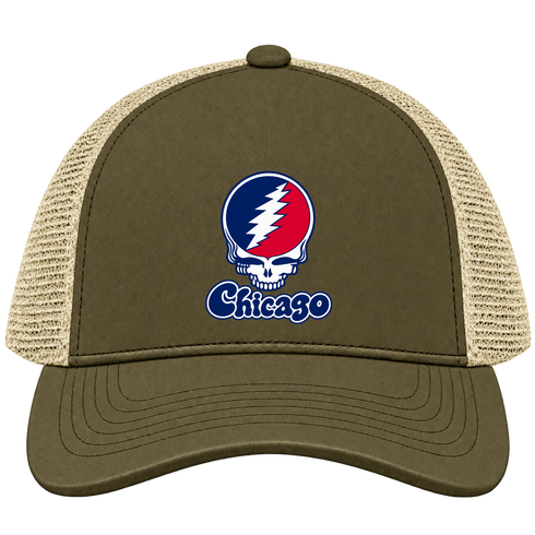 Illinois Stealie Premium Unisex Trucker Cap — Design: Illinois University of Chicago — Moss/Khaki