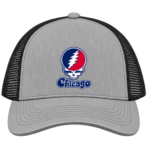 Illinois Stealie Premium Unisex Trucker Cap — Design: Illinois University of Chicago — Heather Grey/Black