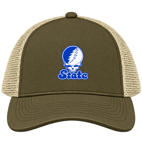 Indiana Stealie Premium Unisex Trucker Cap — Design: Indiana State University — Moss/Khaki