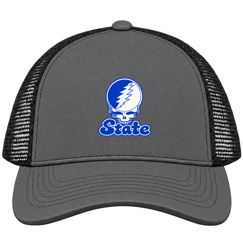 Indiana Stealie Premium Unisex Trucker Cap — Design: Indiana State University — Charcoal/Black